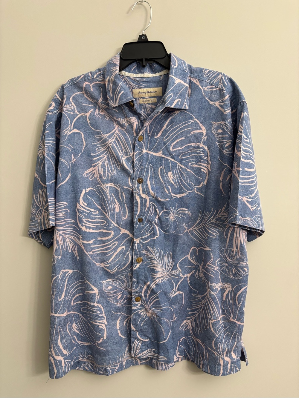 Tommy Bahama Blue Shirt with Pale Pink Tropical Print